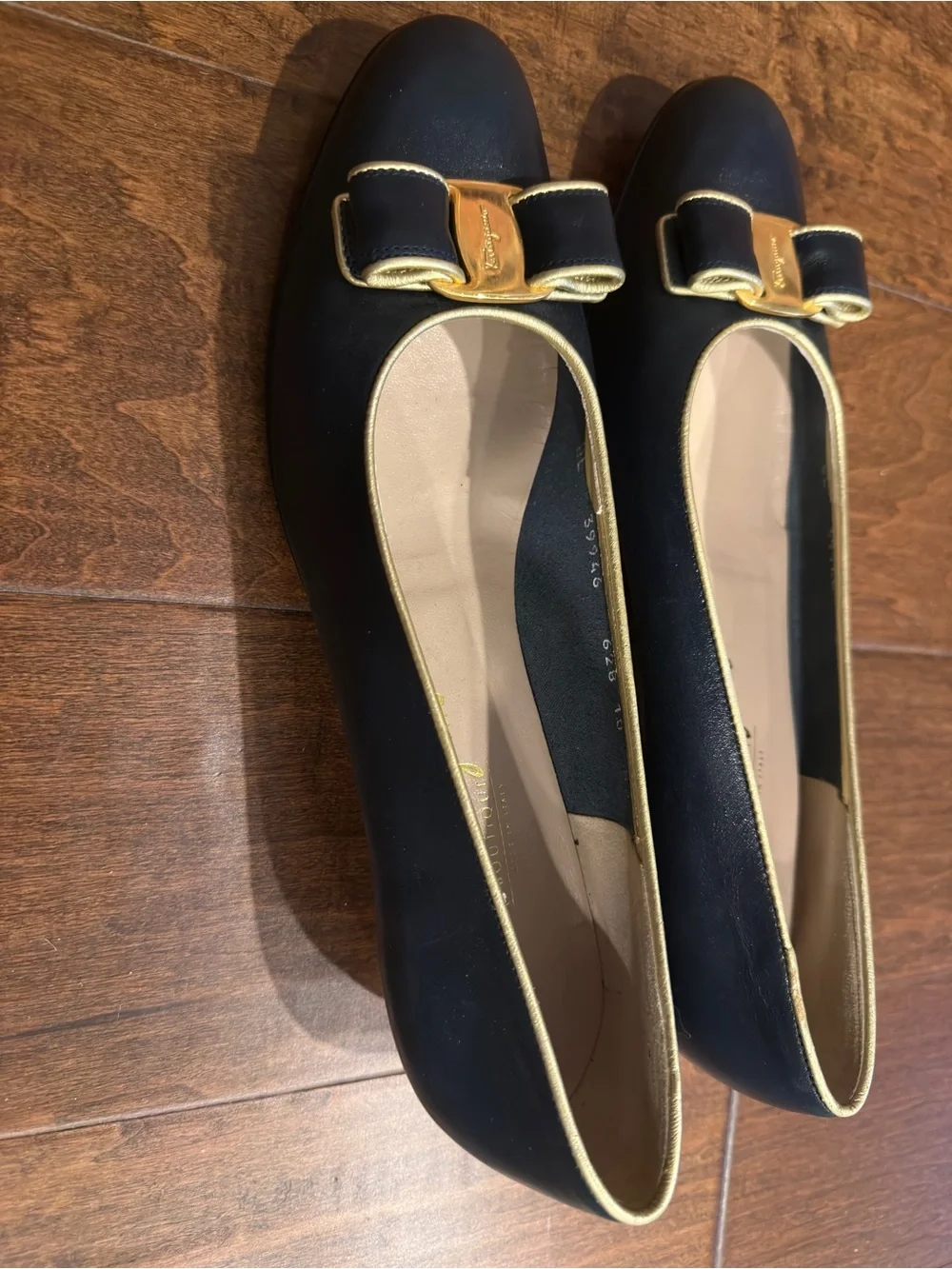 Salvatore Ferragamo Black Leather Vara Bow Flats with Gold Trim